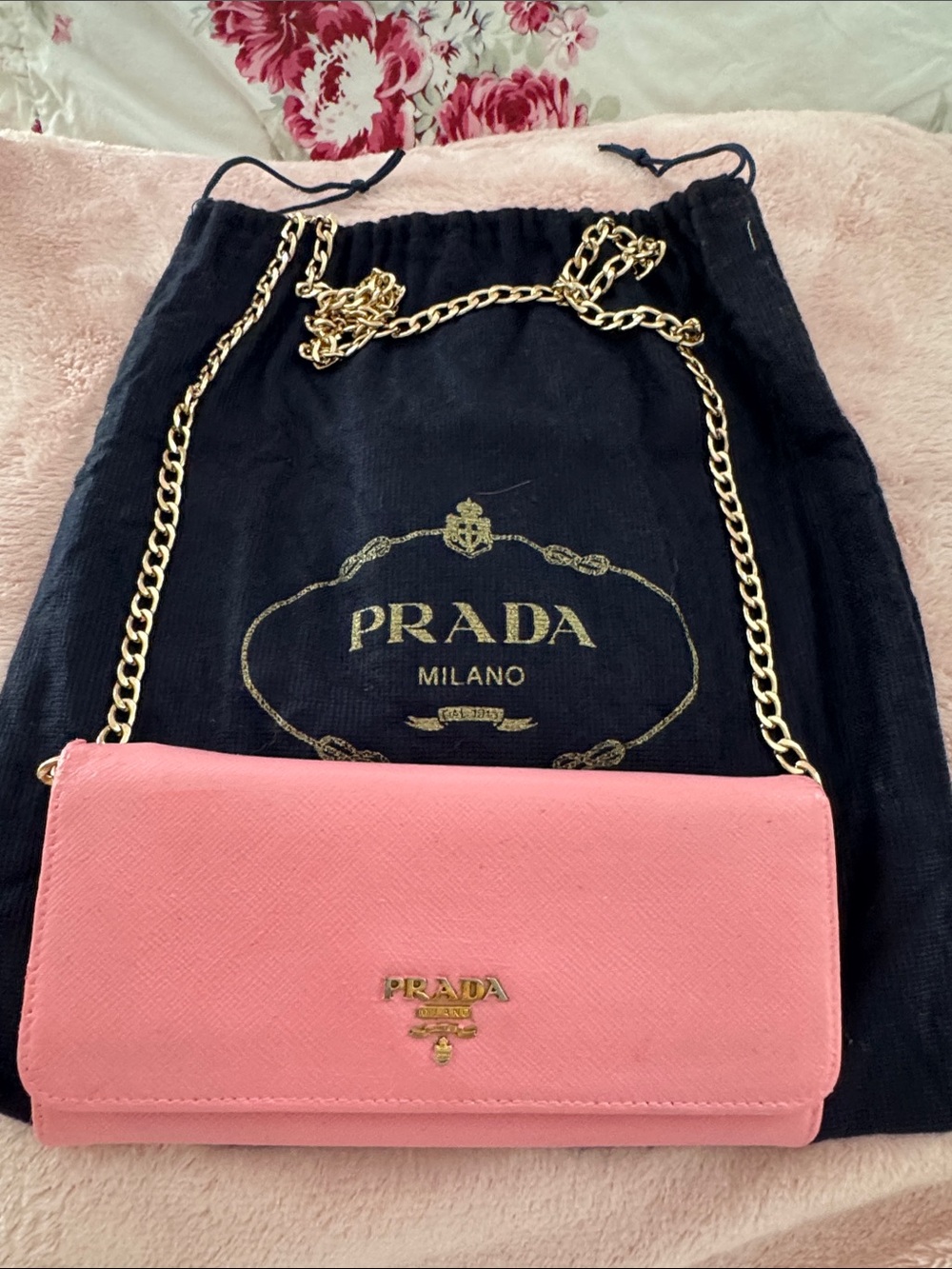 Prada Pink Saffiano Crossbody Wallet with Gold Chain